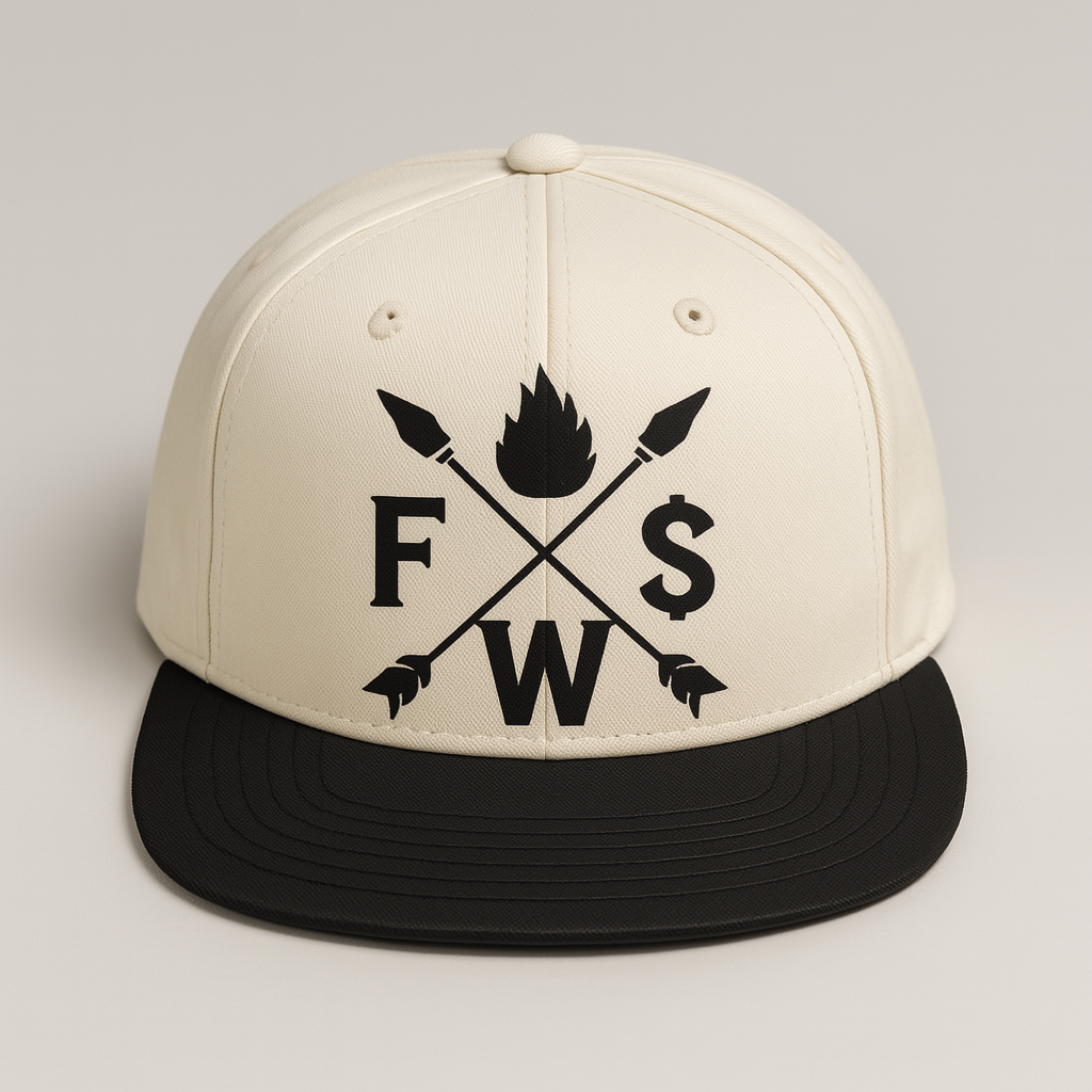 Beige cap with black logo featuring crossed arrows and letters on a light gray background