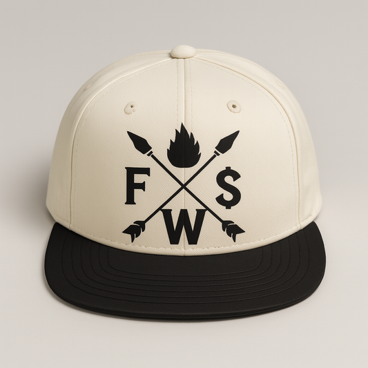 Beige cap with black logo featuring crossed arrows and letters on a light gray background